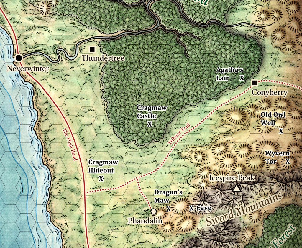 Map showing the High Road heading South from Neverwinter and the Triboar Trail heading off it towards Conyberry and via the route to Phandalin.