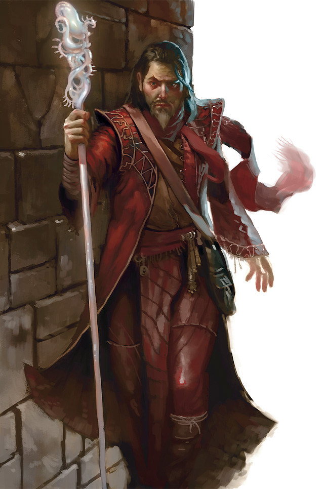 Wizard in red robes. carrying a glass staff.