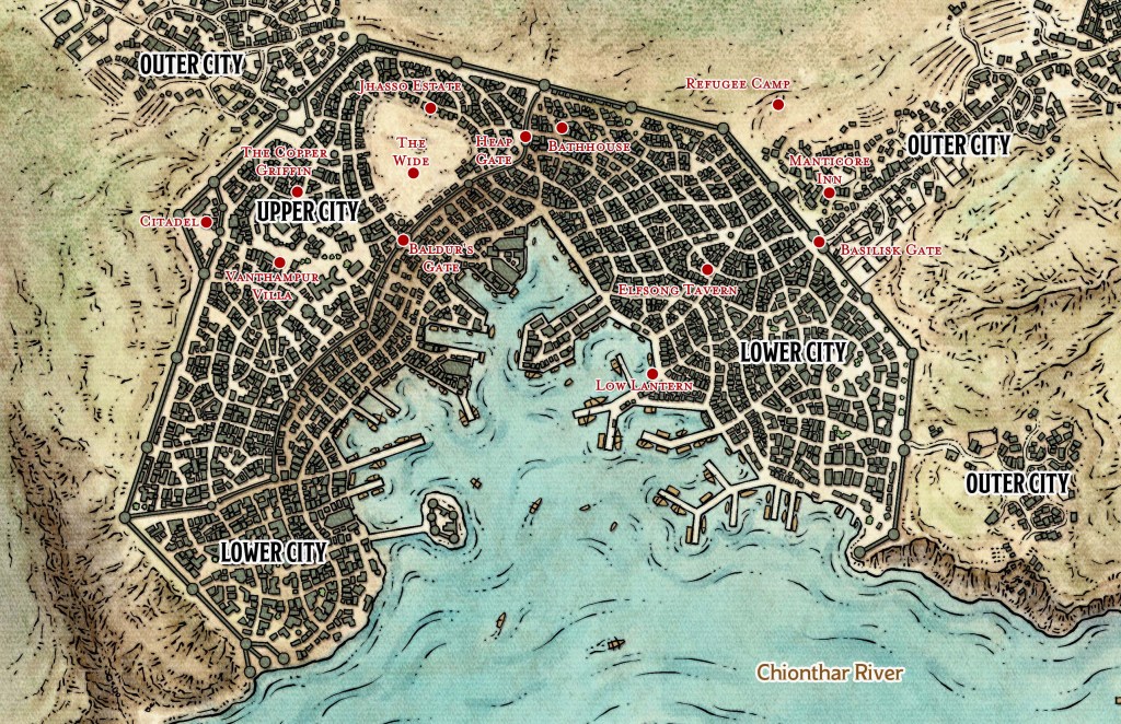 Map of the coastal walled city of Baldur's Gate, showing key locations.