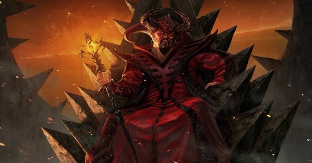 A tall devil in robes of red, gold, and black sits atop a throne.