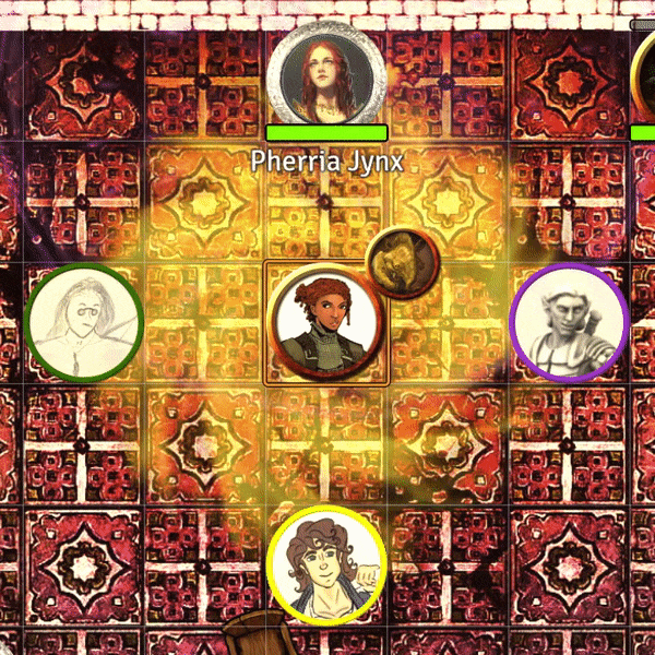 Animated GIF from the gameboard, showing Reya in the centre of a prayer circle surrounded by Tunwéya, Hinnerk, Leofric, and Pherria Jynx. The diminutivie hollyphant Lulu sits close to Reya in the centre of the circle, where a strange orange and purple pulsating light emenates.
